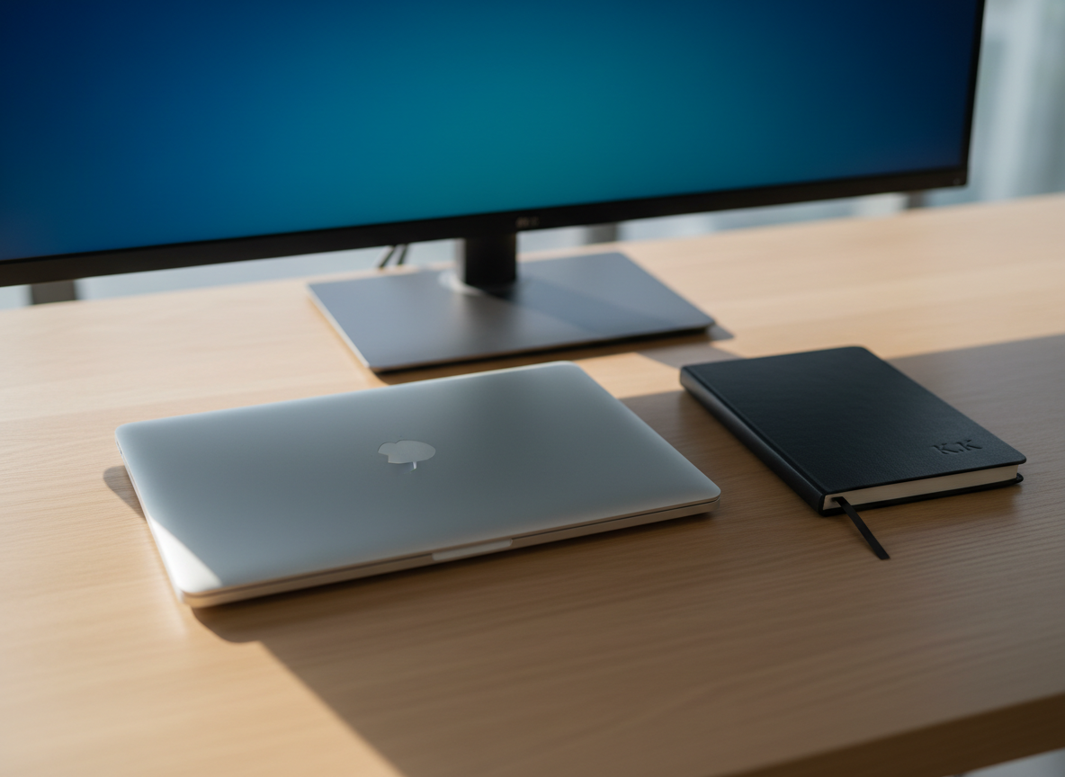 A sleek, closed silver laptop with a subtle brushed-metal texture rests on a clean, light oak desk, next to a neat black hardcover notebook embossed with the initials “K.K.” in matte silver. Behind them, a large, out-of-focus computer monitor displays a soft gradient of cool blues and teals, hinting at a professional digital workspace. Soft daylight from an unseen window on the left creates gentle reflections along the laptop’s edge and casts a calm, elongated shadow across the desk. Shot at eye level with a shallow depth of field, the composition is centered and uncluttered, emphasizing focus and professionalism in a photographic realism style suitable for a personal profile homepage hero image.