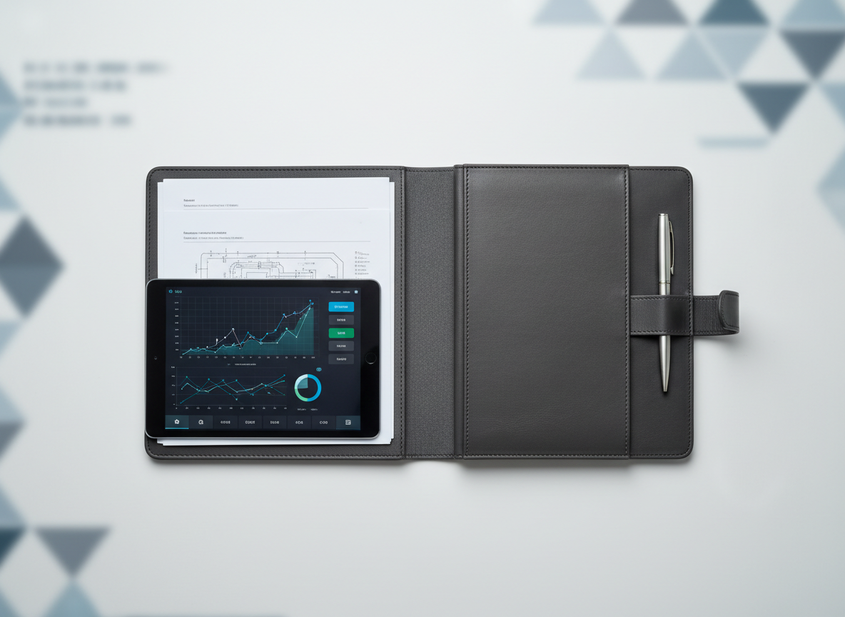 An open, structured leather portfolio in deep charcoal gray lies on a smooth, matte white tabletop, revealing neatly arranged documents, a tablet with a dark interface, and a slim metallic pen aligned precisely in its loop. A subtle geometric pattern in cool blue and gray tones forms a softly blurred backdrop, suggesting data-driven work and strategic thinking. Overhead, soft studio lighting creates even illumination with delicate highlights on the leather grain and pen, avoiding harsh shadows. Framed from a top-down, bird’s eye perspective with sharp focus throughout, the photographic composition feels organized, methodical, and detail-oriented, ideal for showcasing professional capabilities and personal brand reliability.