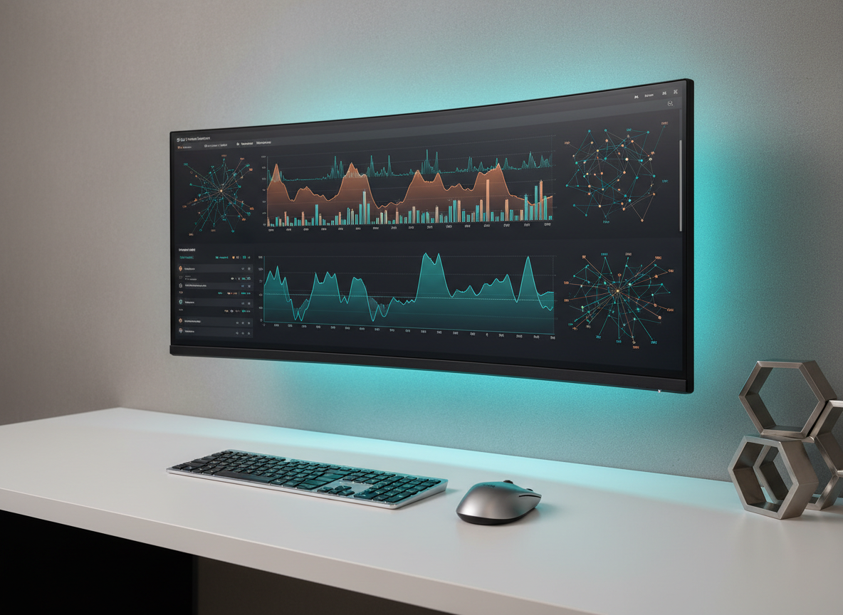 A clean, dark-themed dashboard displayed on a thin, modern widescreen monitor stands on a tidy white desk, presenting abstract charts and graphs in vibrant teal and soft orange against a charcoal background. A wireless keyboard and mouse are aligned parallel in front, and a single geometric metal desk sculpture adds sophistication on the side. Cool, indirect LED lighting from behind the monitor casts a gentle halo glow, subtly separating the screen from a neutral gray wall. Shot from a slightly off-center, eye-level angle with moderate depth of field, the photographic image emphasizes clarity, analytical thinking, and a forward-looking, tech-savvy personal profile atmosphere.