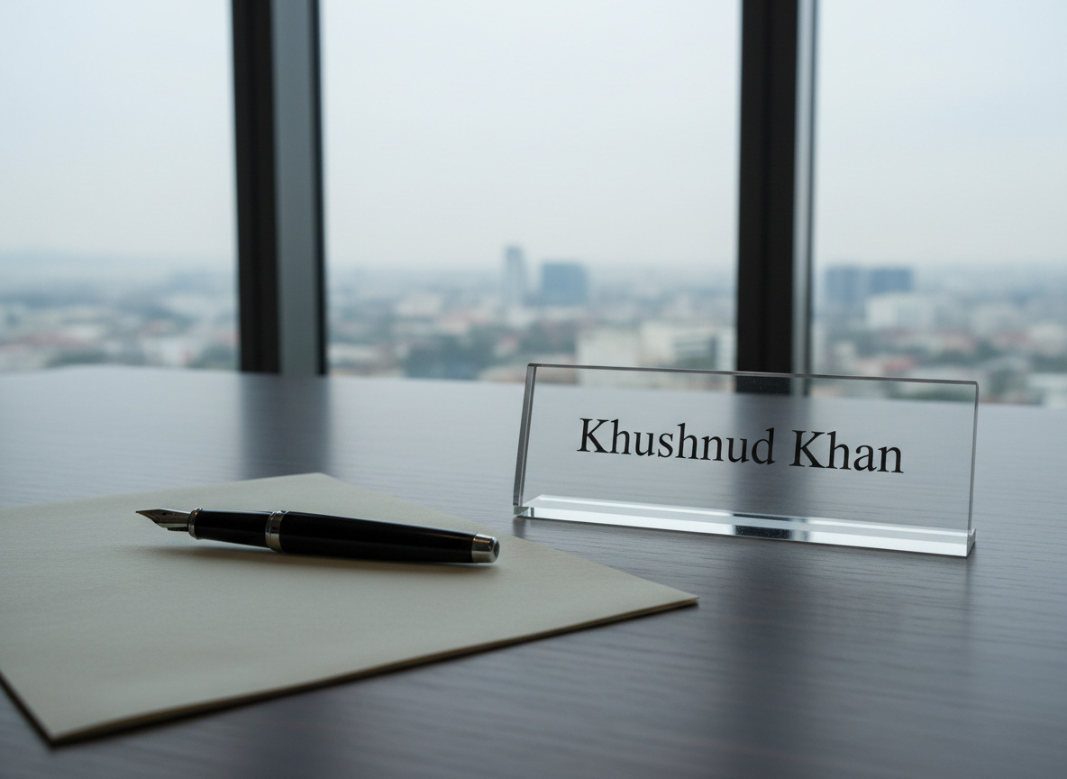 A minimalist glass nameplate engraved with “Khushnud Khan” in crisp sans-serif lettering sits on the edge of a dark walnut desk, its polished surface catching subtle reflections. Beside it lies a single fountain pen with a matte black body and chrome accents, resting diagonally on a folded, off-white sheet of premium paper. The background reveals a softly blurred city skyline through a large office window, illuminated by cool, diffused overcast daylight. The lighting creates a refined contrast between the bright exterior and the calm, focused interior. Captured from a slightly elevated angle with rule-of-thirds composition, the photographic image conveys authority, clarity, and modern professionalism.